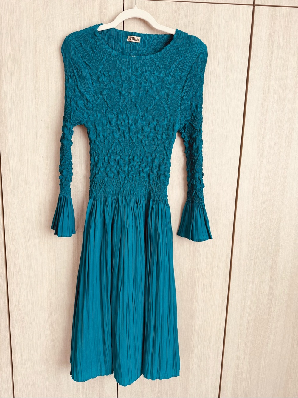 Alquema Smocked Teal Midi Dress with Pleated Skirt